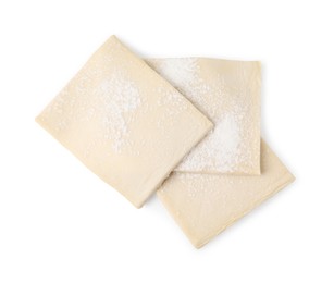 Photo of Raw puff pastry dough isolated on white, top view