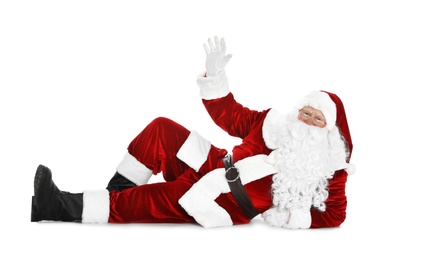 Photo of Happy authentic Santa Claus on white background