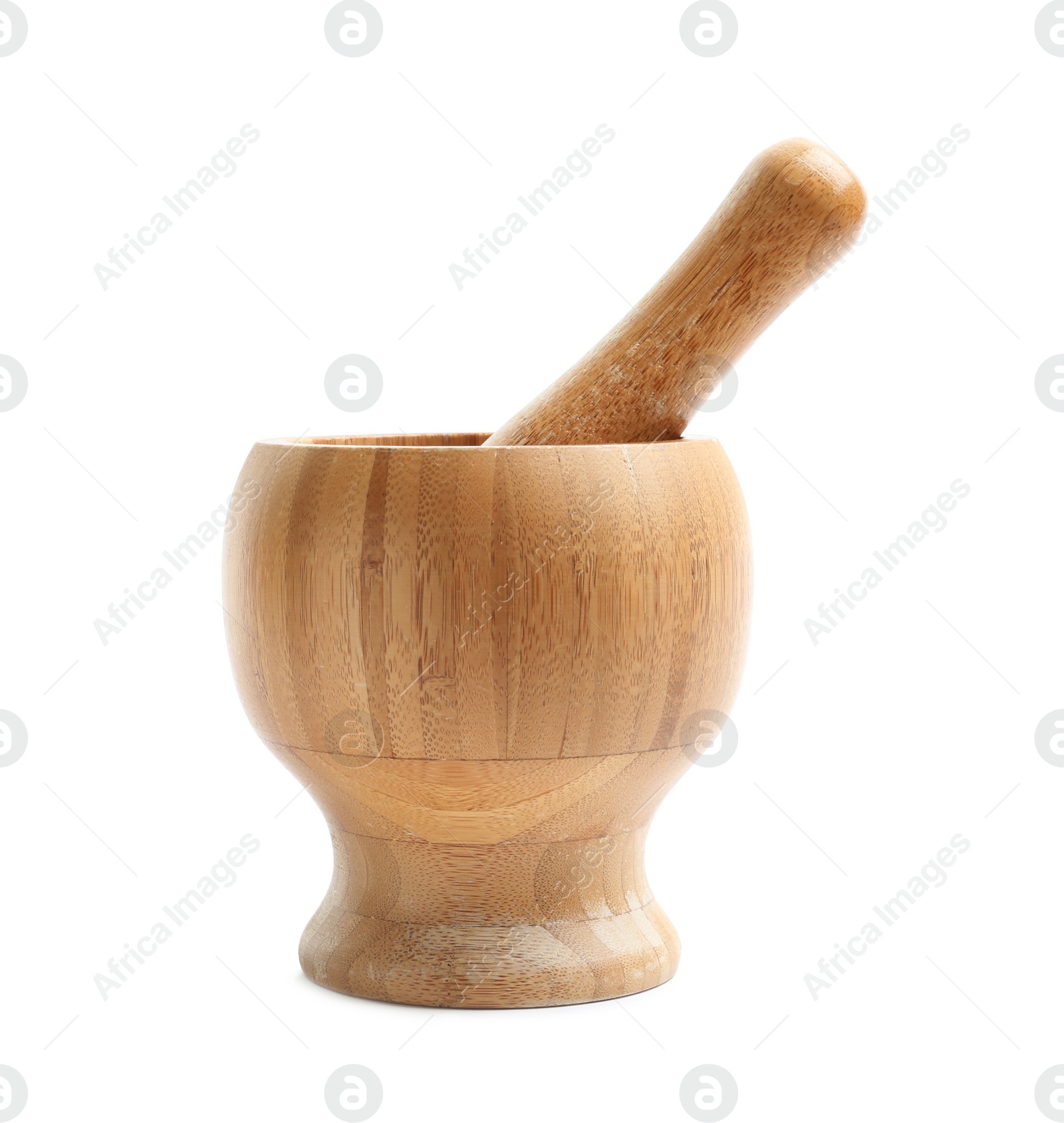 Photo of Wooden mortar and pestle isolated on white. Cooking utensils