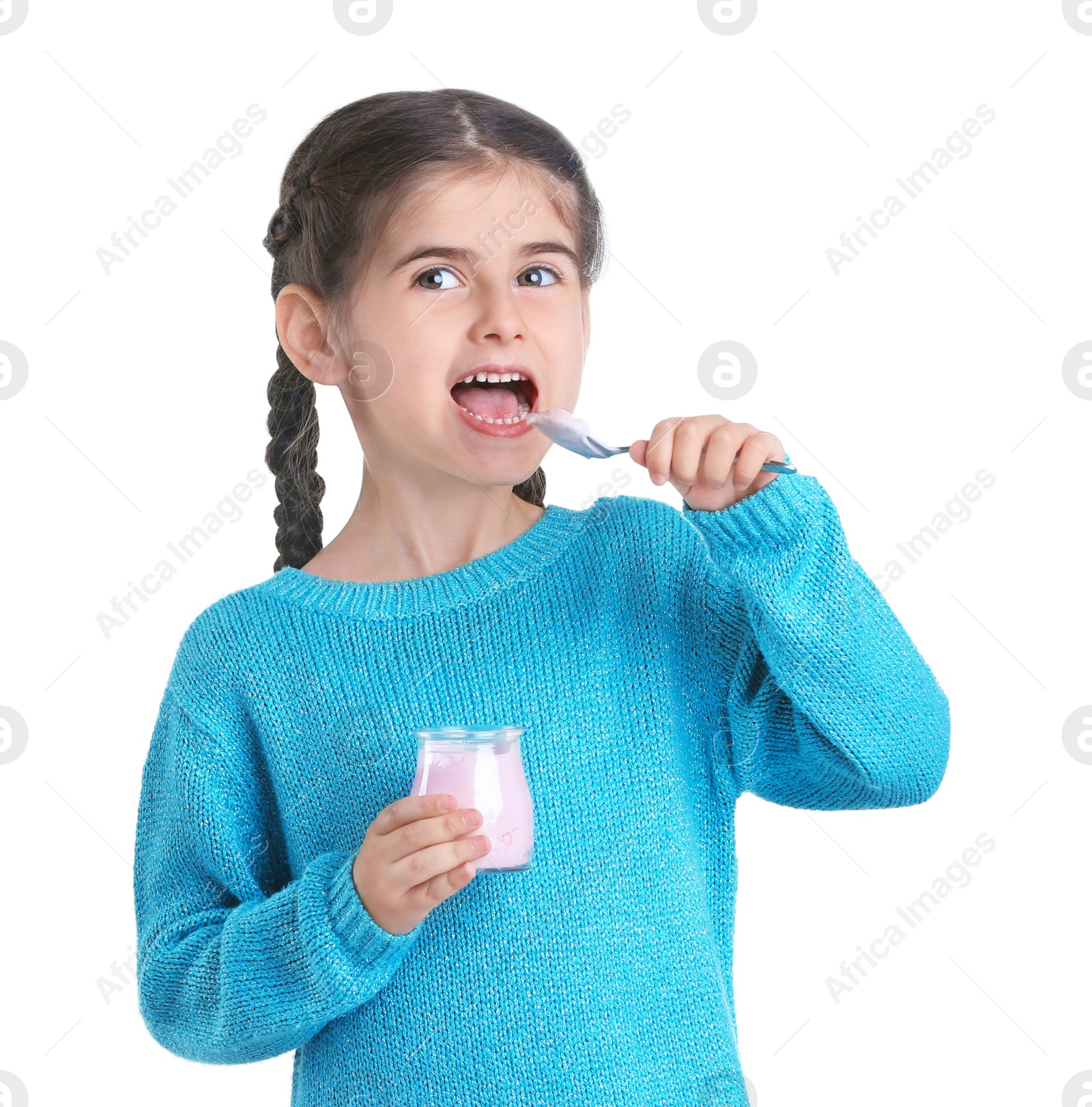 Photo of Little girl with yogurt on white background