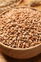 Bowl of wheat grains on wooden table, closeup
