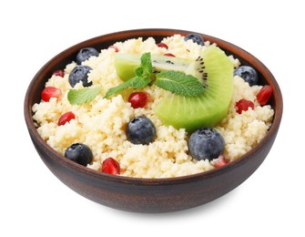 Photo of Bowl of tasty couscous with kiwi, blueberries and pomegranate isolated on white