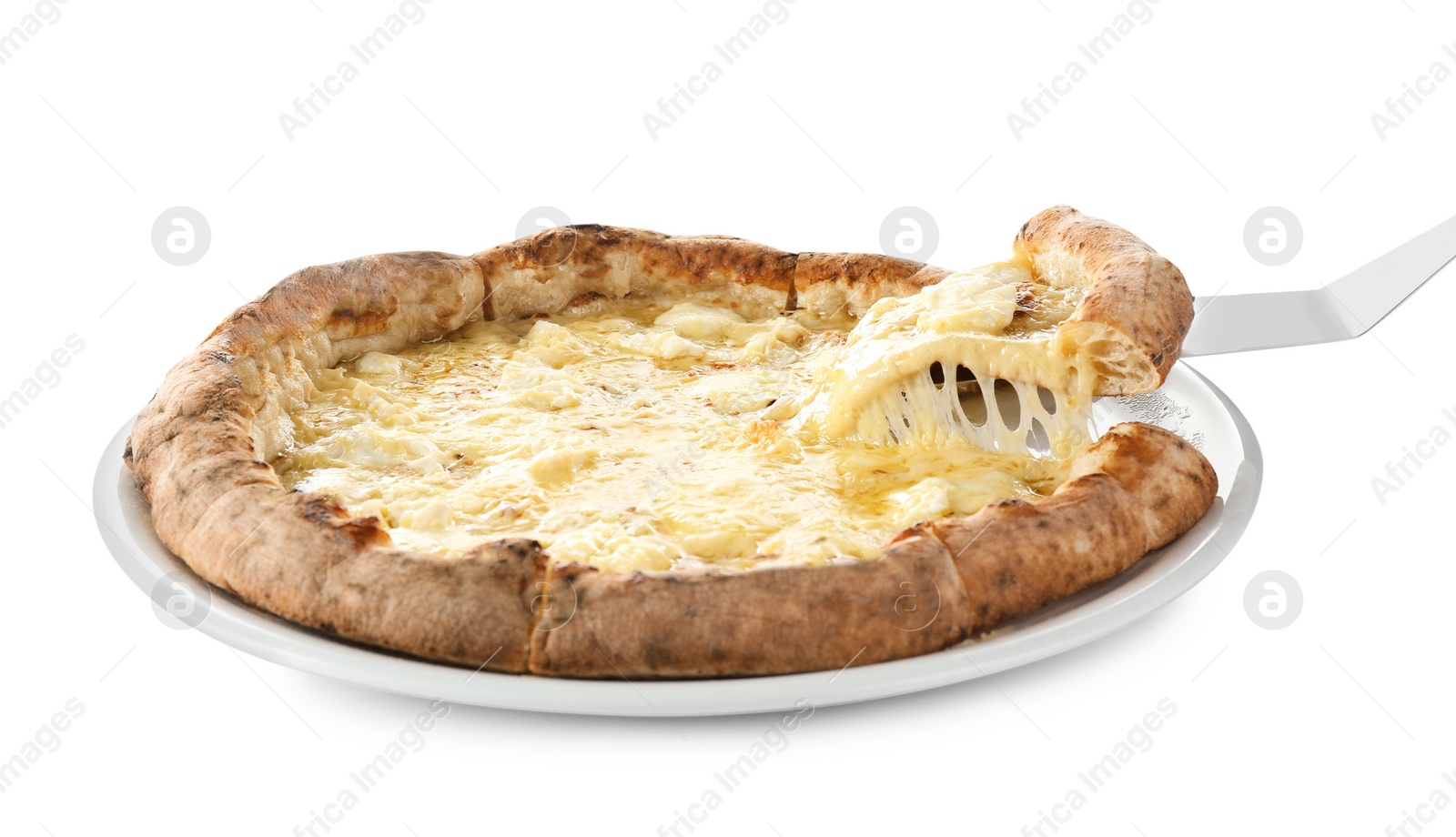 Photo of Taking slice of tasty cheese pizza on white background