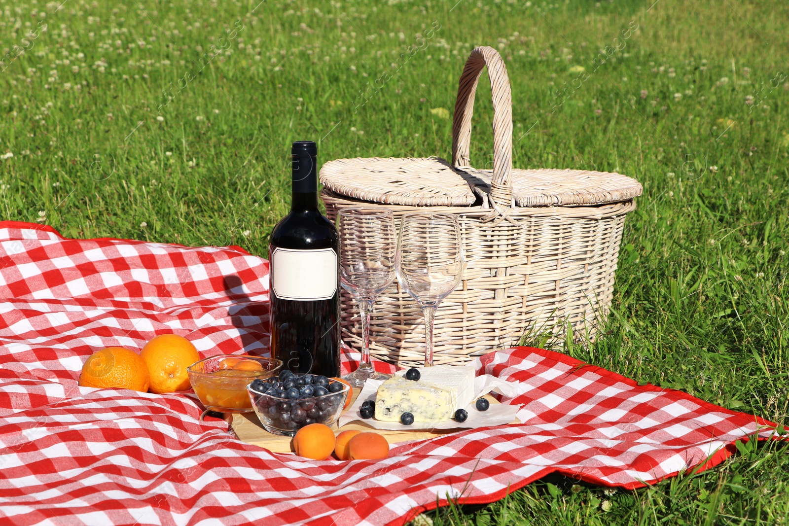 Photo of Picnic blanket with delicious food and wine outdoors on summer day