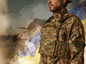 Image of Military, flag of Ukraine and tank on battlefield