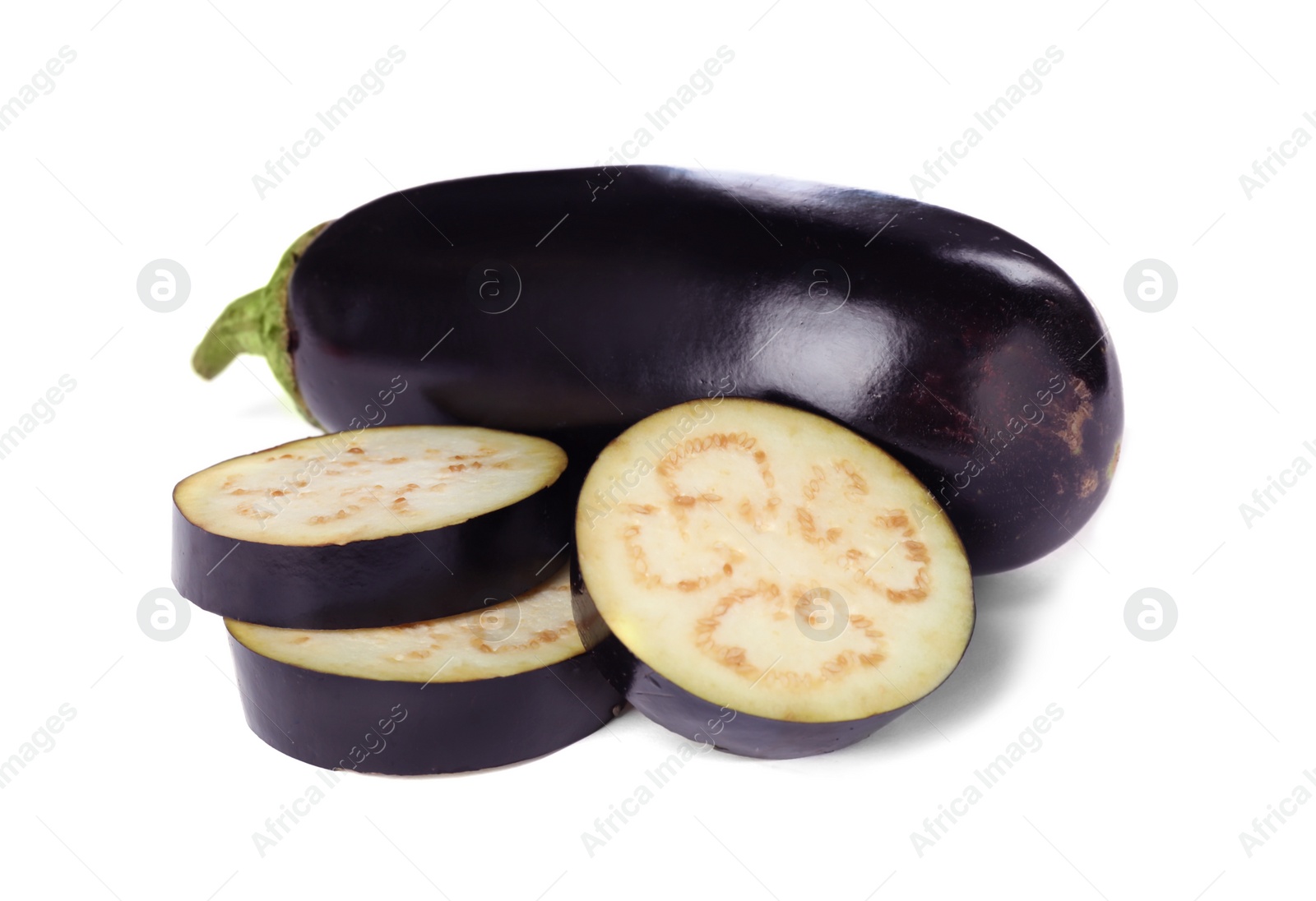 Photo of Tasty raw ripe eggplants on white background