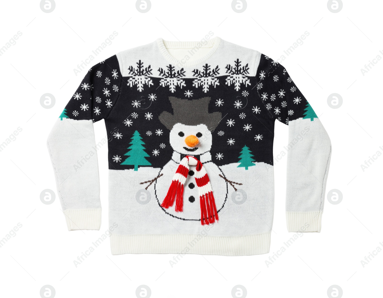 Photo of Christmas sweater with snowman isolated on white, top view