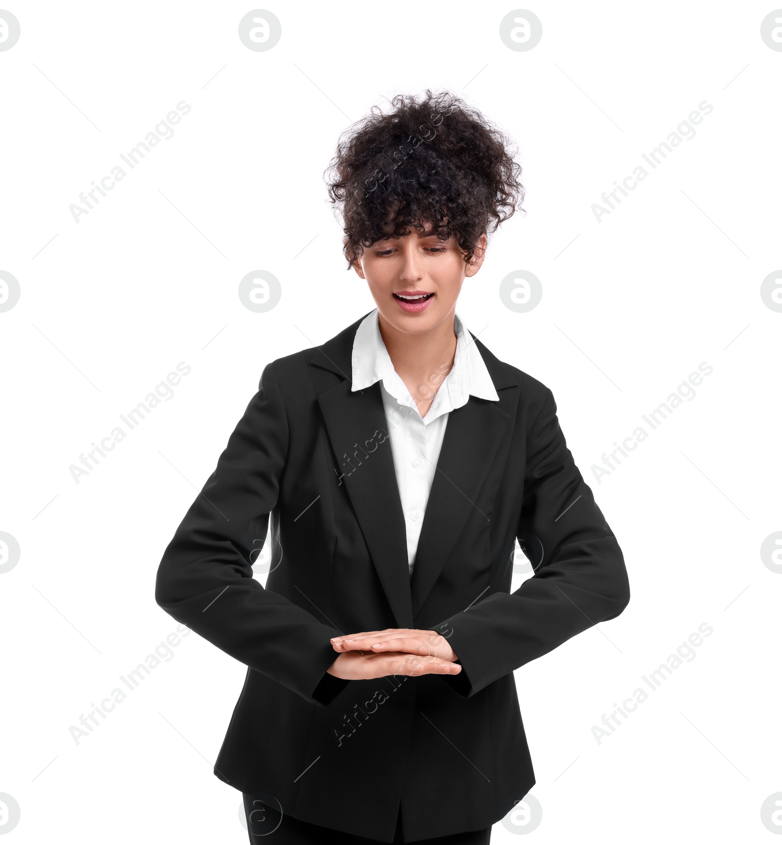 Photo of Beautiful young businesswoman in suit on white background