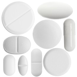 Set of different pills isolated on white