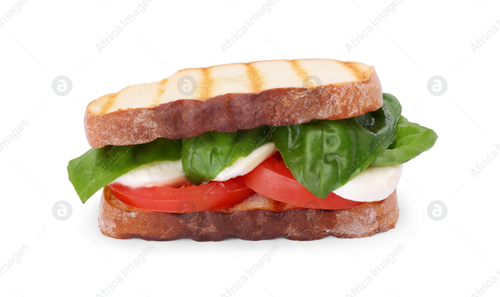 Photo of Delicious Caprese sandwich with mozzarella, tomatoes and basil isolated on white