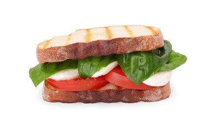 Photo of Delicious Caprese sandwich with mozzarella, tomatoes and basil isolated on white