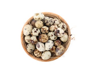Wooden bowl with quail eggs and straw isolated on white, top view