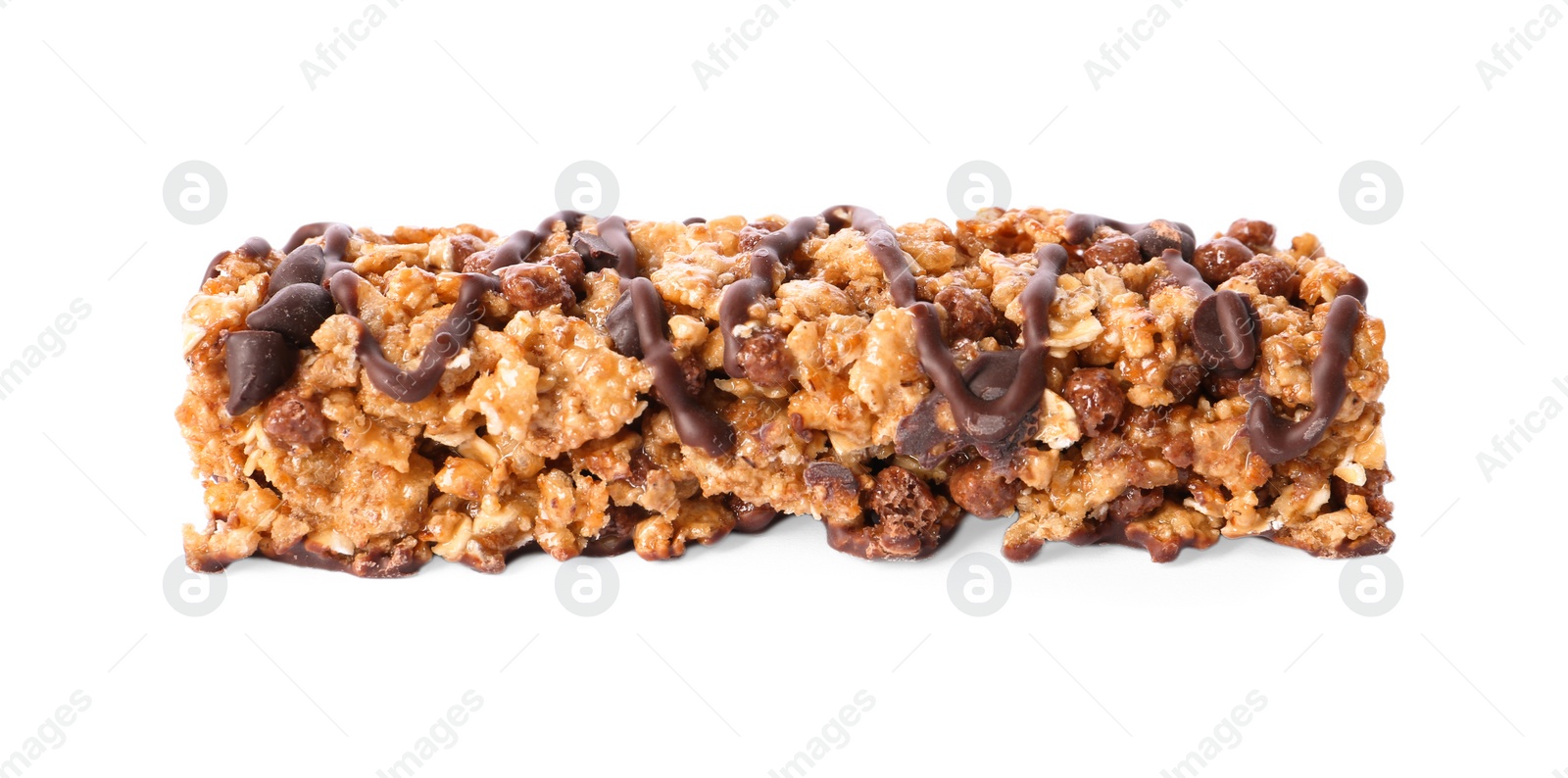 Image of Crunchy granola bar with chocolate on white background