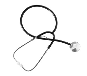 Photo of Stethoscope on white background, top view. Medical device