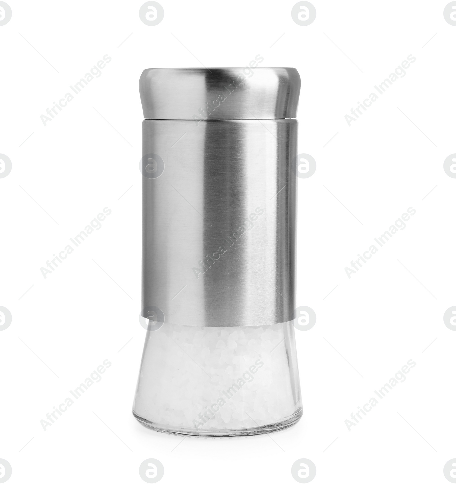 Photo of One shaker with salt isolated on white