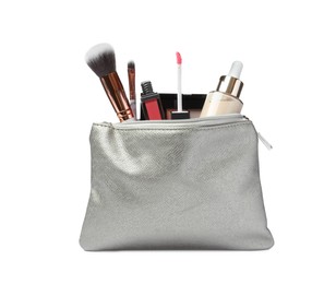 Photo of Stylish silver cosmetic bag with makeup products on white background