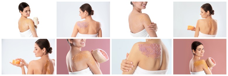 Image of Collage with photos of young women applying body scrubs on different color backgrounds. Banner design
