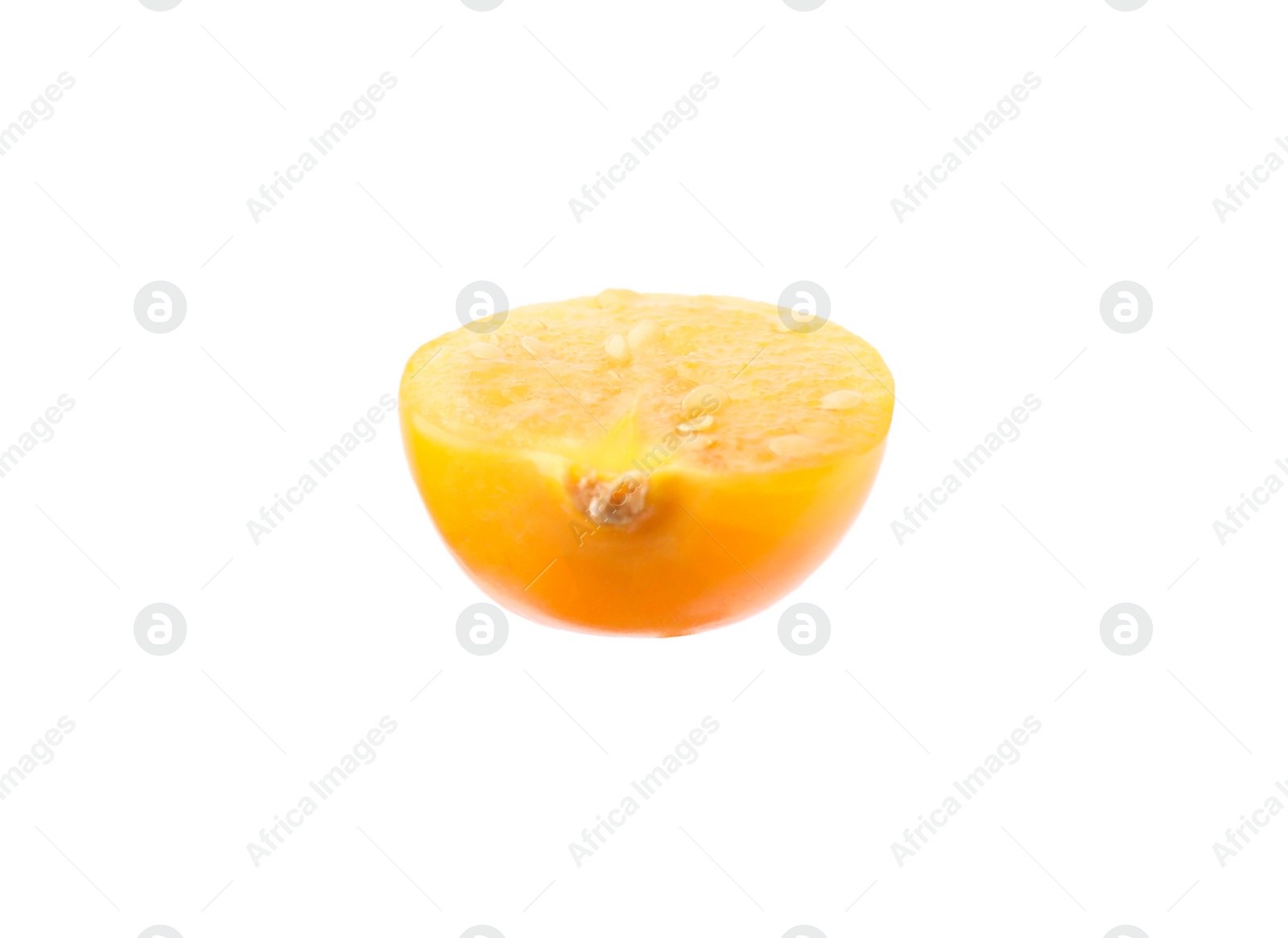 Photo of Half of ripe orange physalis fruit isolated on white