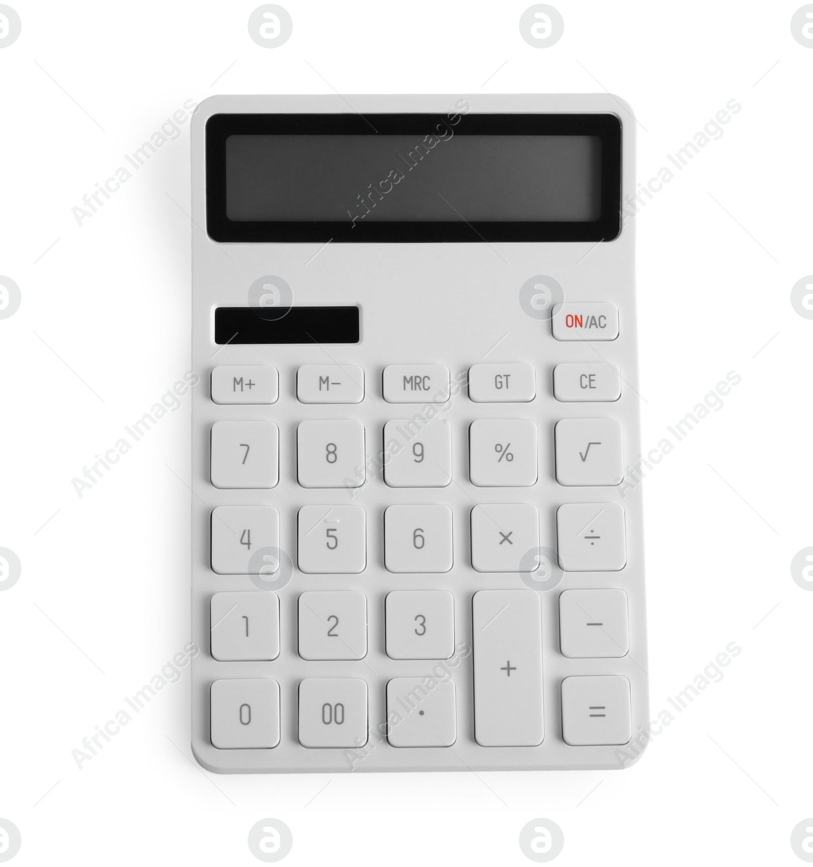 Photo of Modern calculator on white background, top view. School stationery