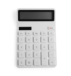 Modern calculator on white background, top view. School stationery