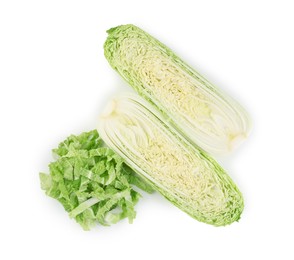 Photo of Pile of shredded fresh Chinese cabbage and halves of one isolated on white, top view