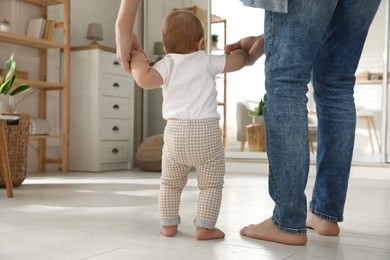 Photo of Father supporting his baby daughter while she learning to walk at home, back view