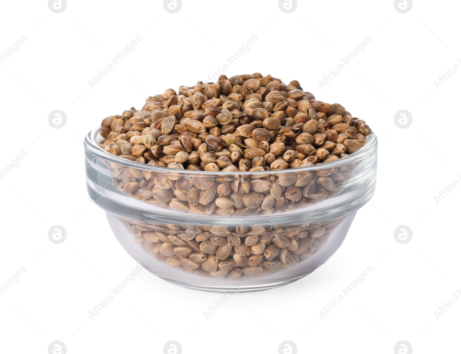 Photo of Glass bowl of hemp seeds on white background