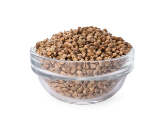 Photo of Glass bowl of hemp seeds on white background