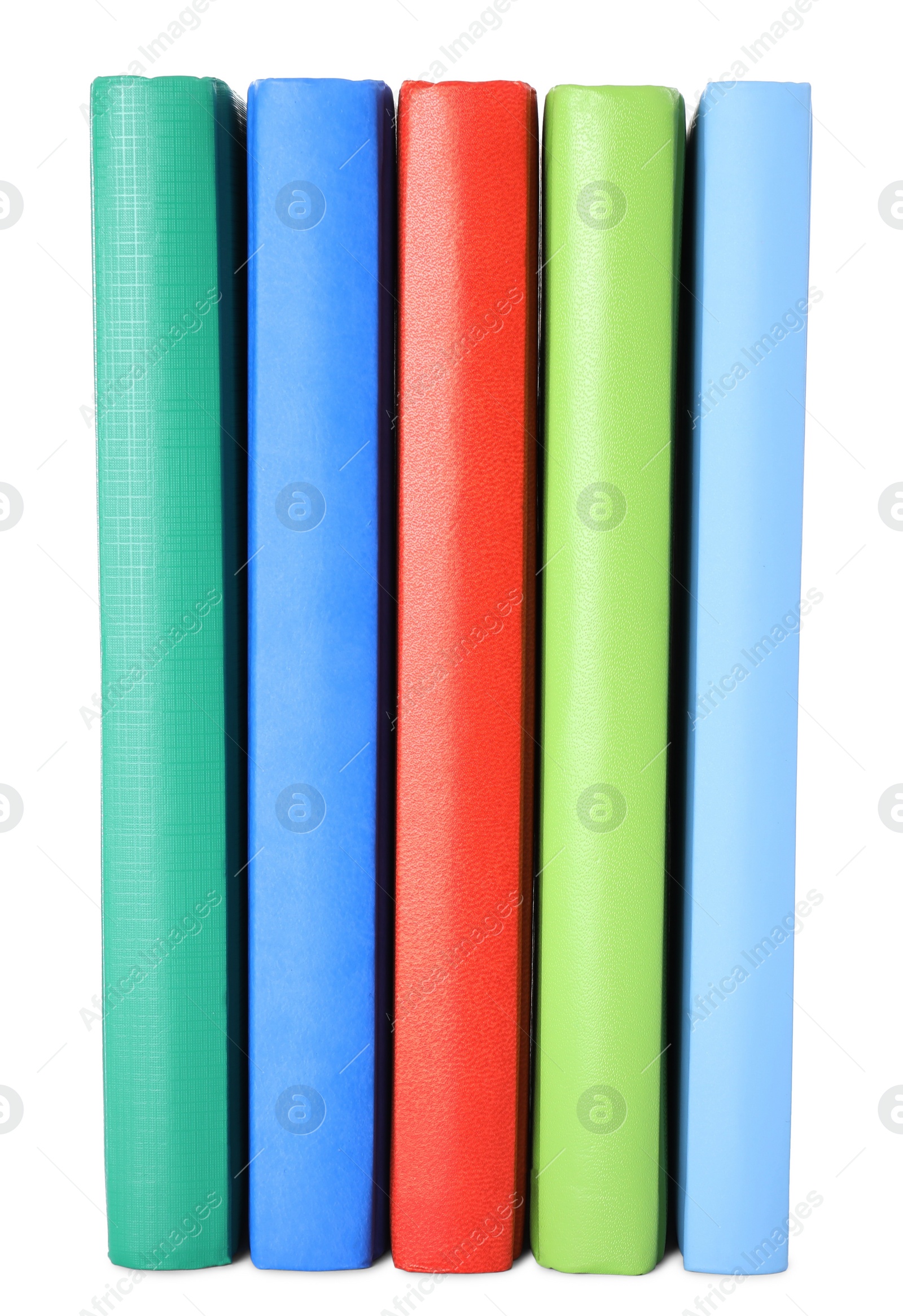 Photo of Many different stylish notebooks on white background