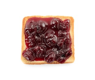 Toast with tasty cherry jam on white background, top view