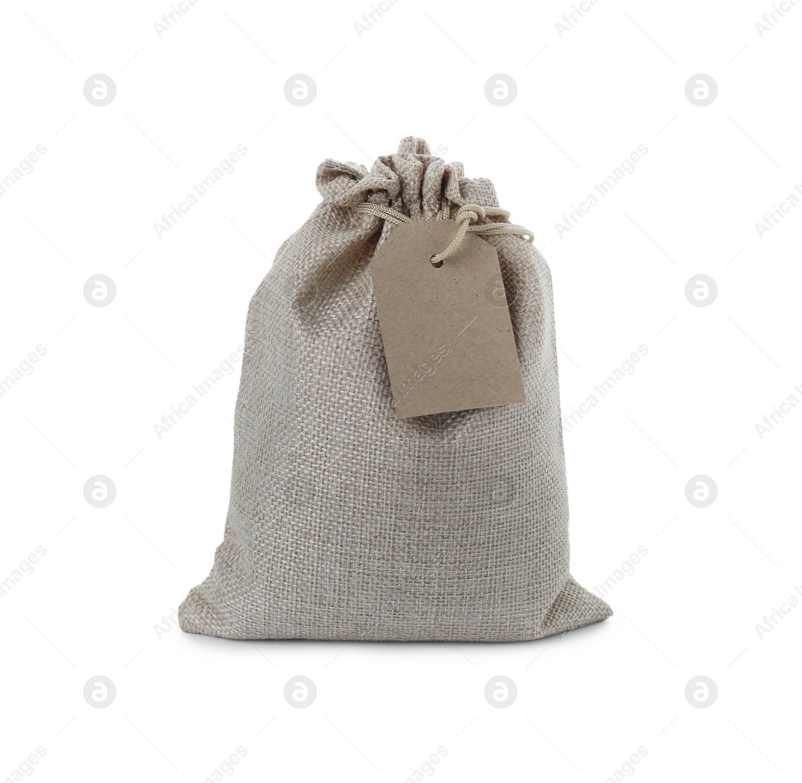 Photo of Tied burlap bag with tag isolated on white