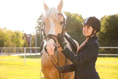 Young woman in horse riding suit and her beautiful pet outdoors on sunny day