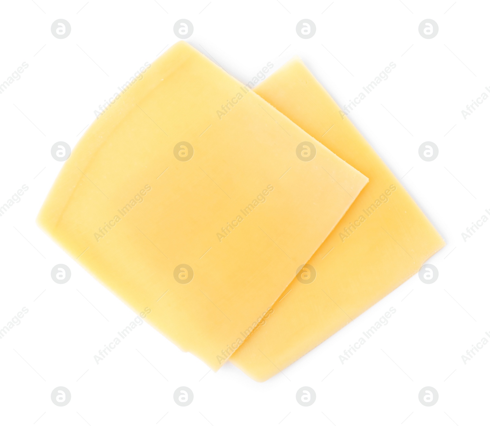 Photo of Slices of cheese for burger isolated on white, top view