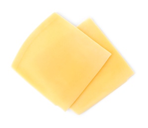 Photo of Slices of cheese for burger isolated on white, top view
