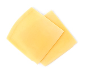 Slices of cheese for burger isolated on white, top view