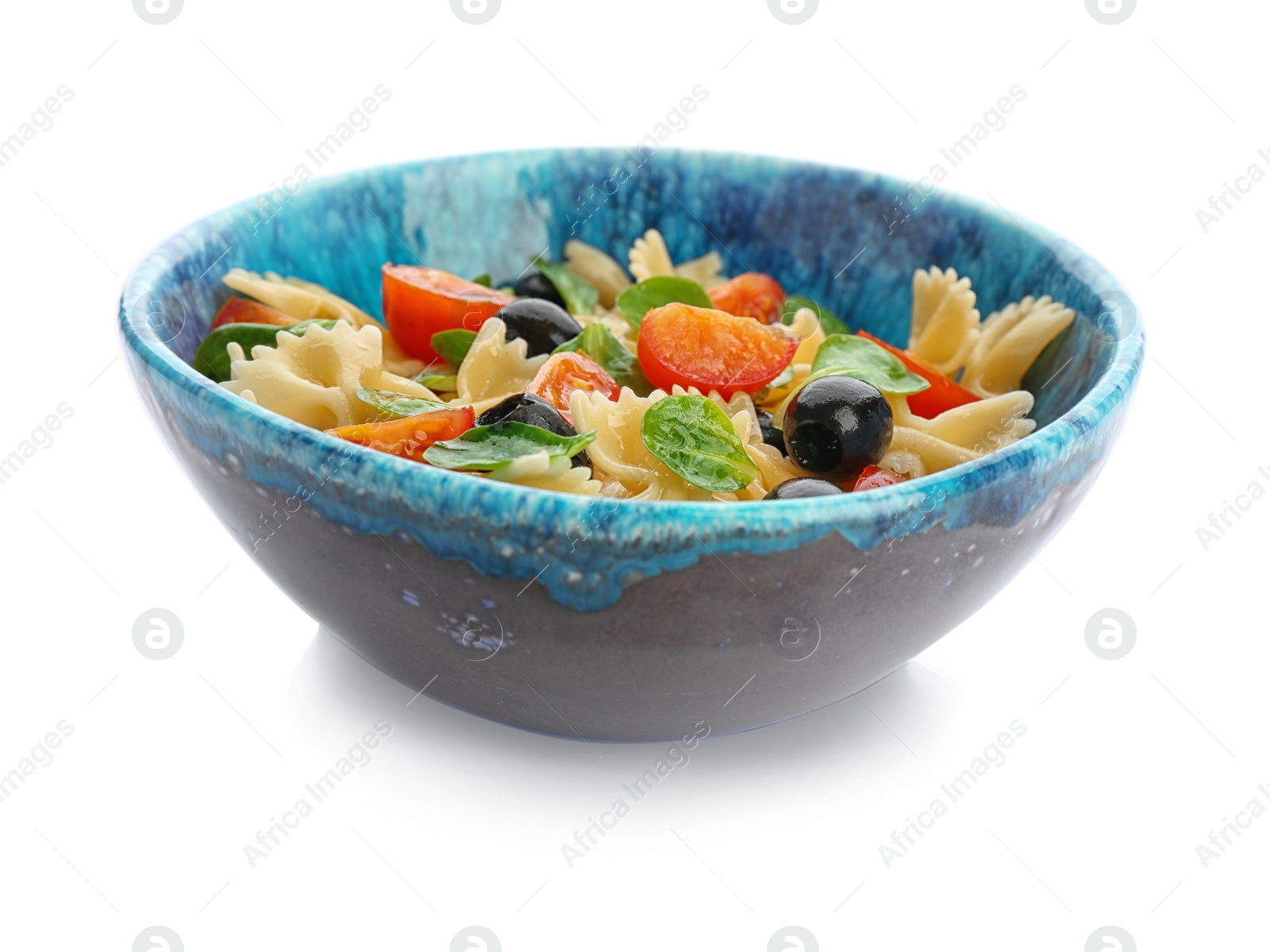 Photo of Tasty pasta salad with fresh vegetables on white background