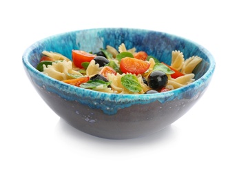 Photo of Tasty pasta salad with fresh vegetables on white background