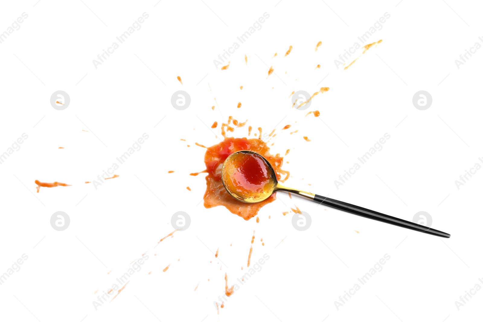 Photo of Spoon with tasty ketchup isolated on white, top view. Tomato sauce