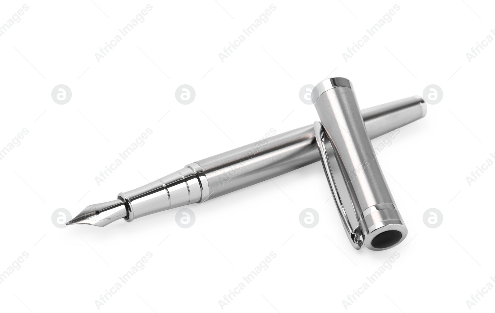 Photo of Stylish silver fountain pen isolated on white