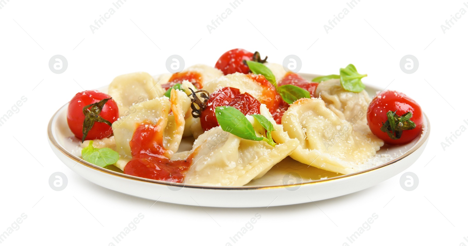 Photo of Tasty ravioli with tomato sauce isolated on white