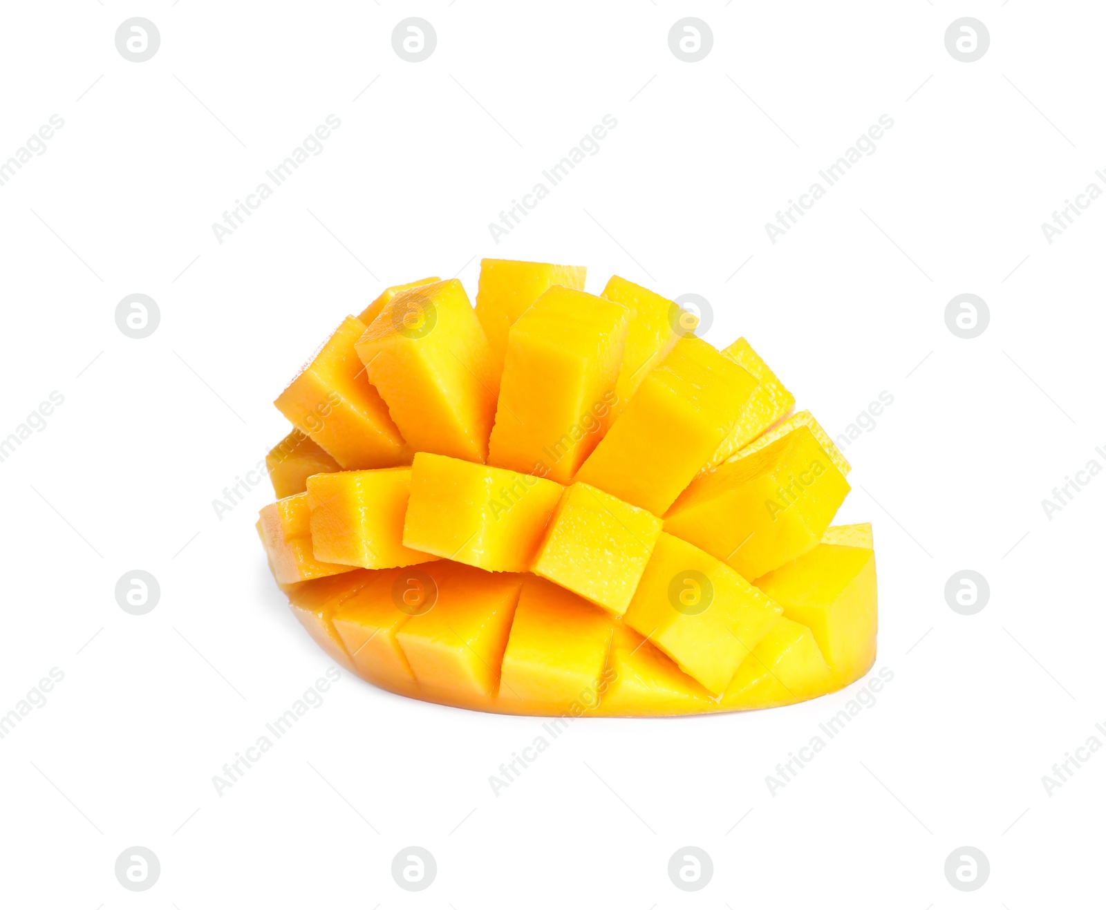 Photo of Cut fresh juicy mango on white background