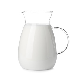 Photo of Jug with fresh milk on white background