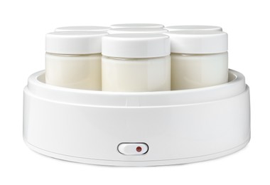 Photo of Modern yogurt maker with full jars on white background