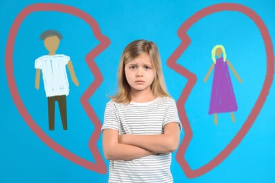 Image of LIttle girl upset because of parents divorce on light blue background. Illustration of broken heart with man and woman