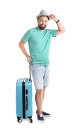 Man with suitcase on white background. Vacation travel