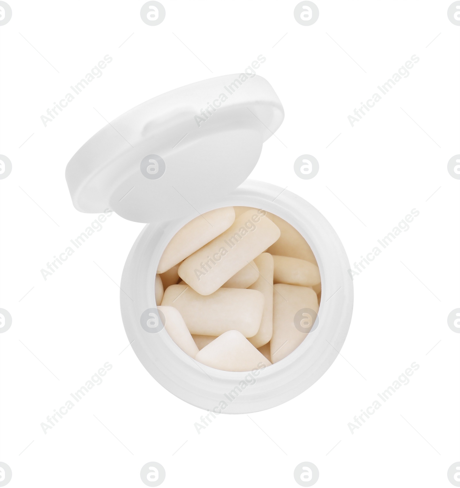 Photo of Jar with chewing gums isolated on white, top view