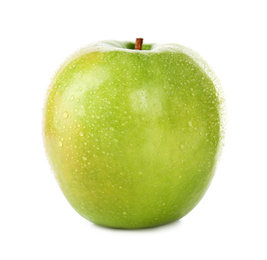 Photo of Fresh juicy green apple with water drops isolated on white