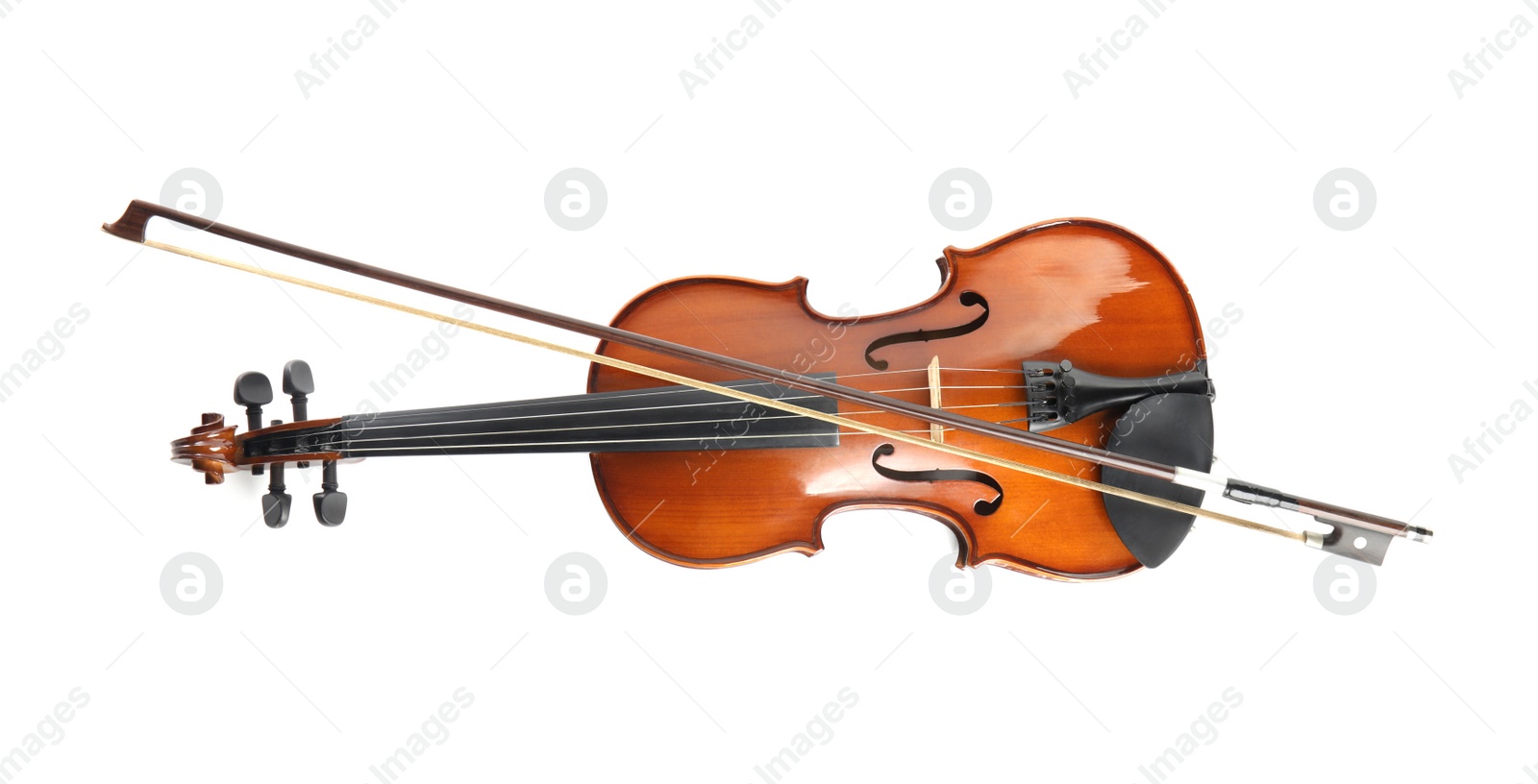 Photo of Beautiful classic violin and bow  on white background, top view. Musical instrument