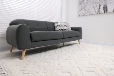 Soft carpet and stylish sofa in living room. Modern interior