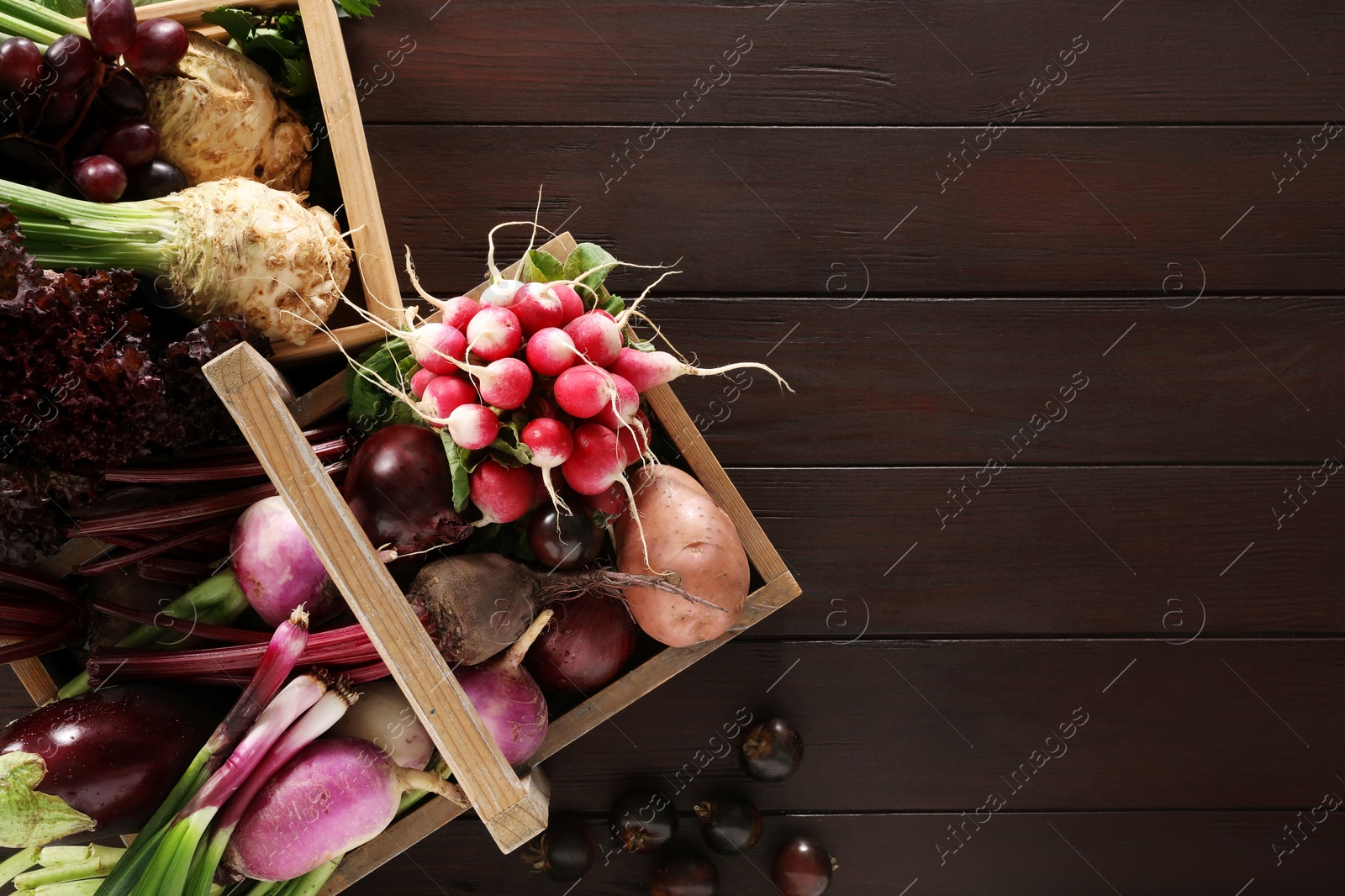 Photo of Different fresh ripe vegetables on wooden table, flat lay. Space for text